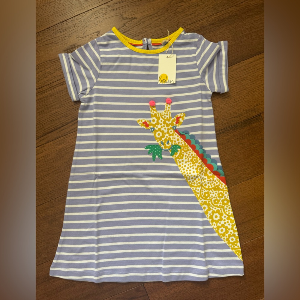 Mini Biden Blue & White Striped Giraffe Appliqué Dress. NWT. Size 5-6